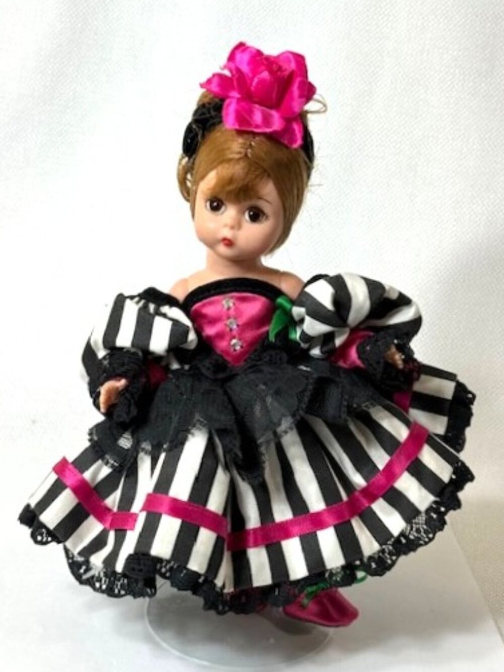 Madame Alexander restrung 8" France/French Can Can doll with stand.